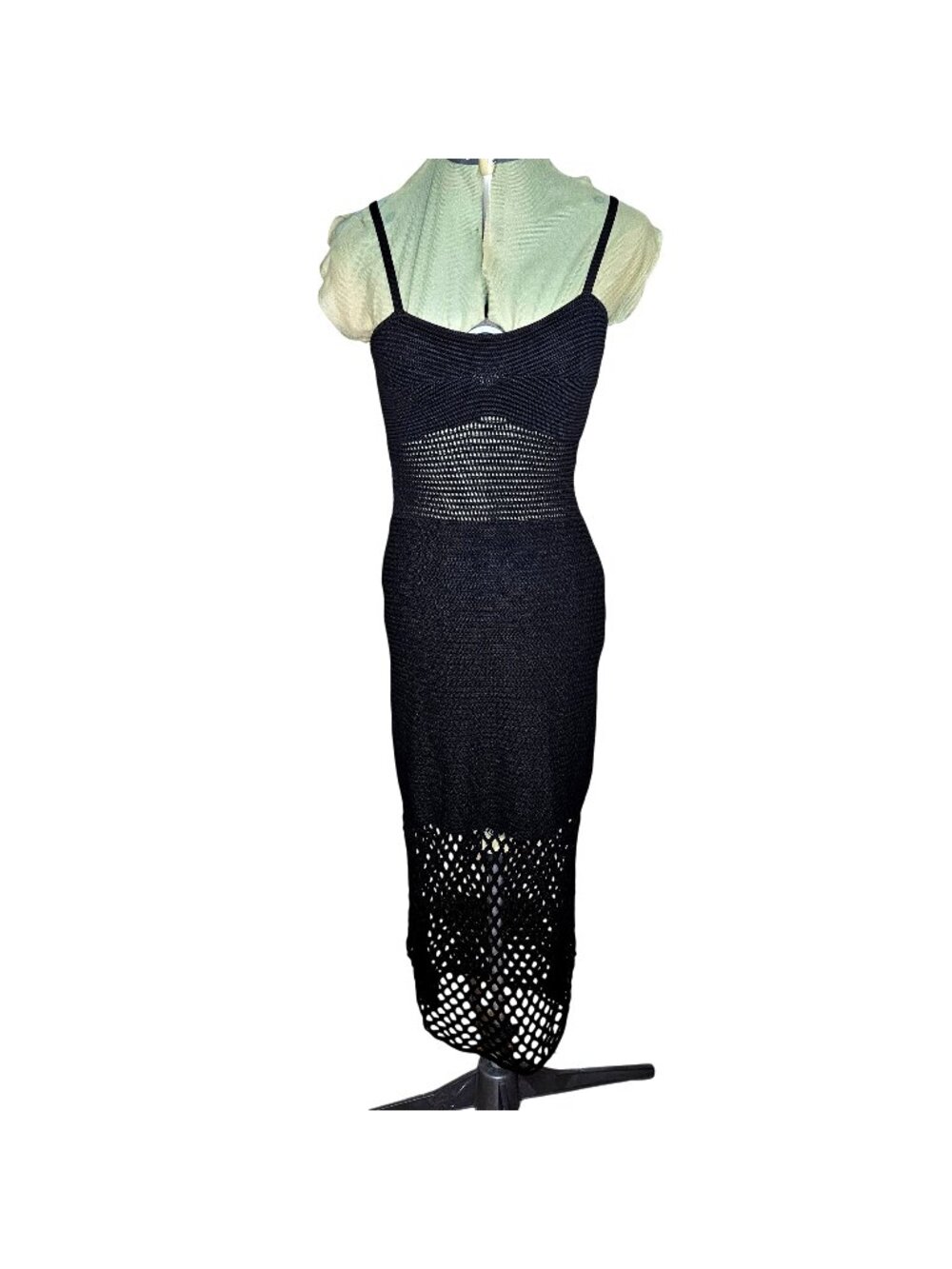 Woman's black dark boho tight knit babydoll empire waist maxi dress swimwear cov